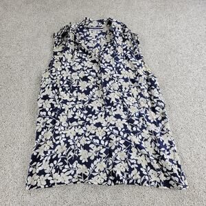Amanda Smith Pure Silk Top Womens M Navy Blue White Floral Button Up Sleeveless